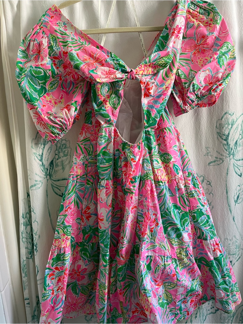 Lilly Pulitzer Pink Green Floral V-Neck Tiered Mini Dress - Picture 10 of 15